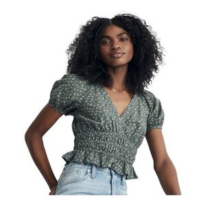 Madewell Poplin Puff-Sleeve Smocked Crop Top  Size XS